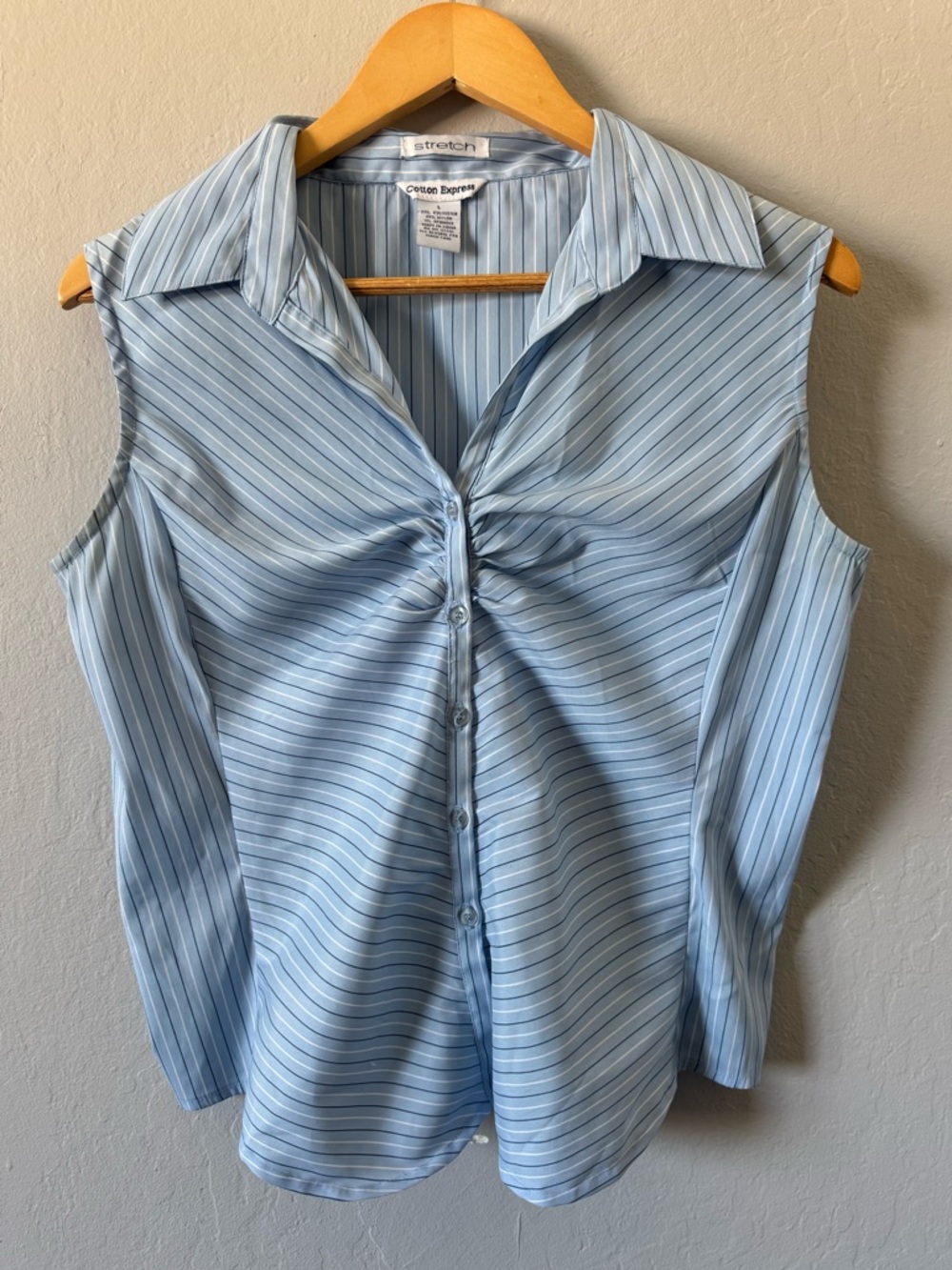 Y2K Cotton Express Stretch Blue Striped Sleeveless Rouched Front Button Down